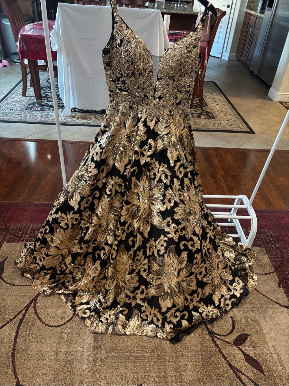 Black and Gold Sequin Floral Evening Gown